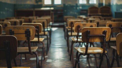 Poster - A classroom filled with rows of wooden chairs, perfect for educational settings and offices
