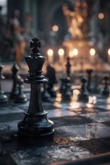 Poster - A close-up view of a chessboard with multiple pieces in various positions