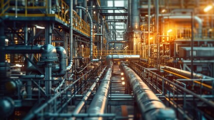 Poster - A view of a large industrial factory with numerous pipes and valves