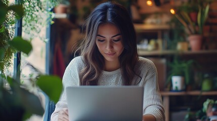 Poster - Young hispanic woman working or studying with laptop at home in a home office concept in Mexico Latin America : Generative AI