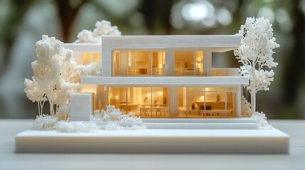 Poster - Two floors model of the family house printed on a 3D printer with white filament by FDM technology for architectural use : Generative AI