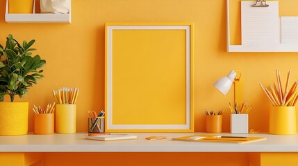 Poster - Creative desk in kids room with yellow frame mock up plant and notebooks note on the wall and many yellow and orange supplies : Generative AI