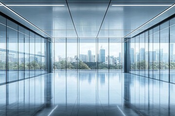 Poster - Spacious office area with floor-to-ceiling windows offering a view of the city skyline and surrounding greenery. Generative AI