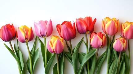 Wall Mural - Colorful tulips flowers isolated on white background Floral banner Greeting card Valentines day 8 march Womens day Mothers day top view : Generative AI