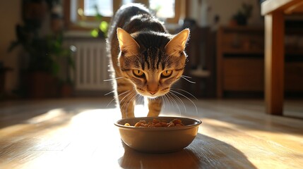Poster - Domestic tabby cat approaches a bowl of food bright sunlight falls on the floor and on the cat High quality photo : Generative AI