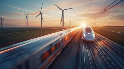 Poster - A train travels along the tracks near wind turbines, a unique combination of transportation and renewable energy