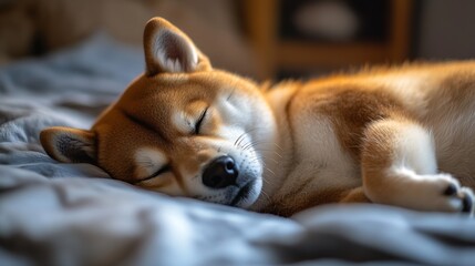 Poster - Shiba Inu sleeps on his back High quality photo : Generative AI
