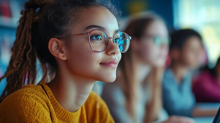 Aufkleber - Teacher Giving Lesson to Diverse Multiethnic Group of Female and Male Students in College Room Learning New Academic Skills on a Computer Lecturer Shares Knowledge with Smart Young Sch : Generative AI