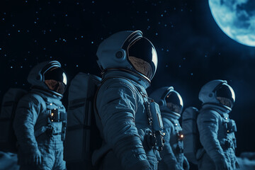 four astronauts in spacesuits stand on the moon under the starry sky and a bright full earth, gazing