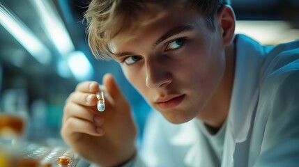 Poster - A young man in a lab coat examines a capsule with focus in a laboratory setting : Generative AI