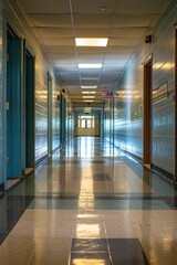 Wall Mural - A long hallway in a school with blue doors, perfect for education and learning settings