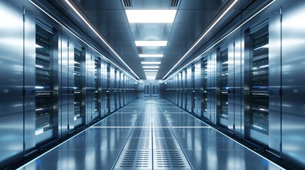 Data Center Corridor with Server Racks. High Internet Visualisation Projection, server technology datum network, web security