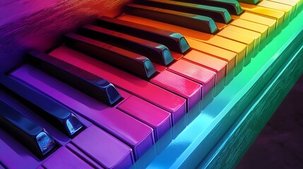 Rainbow piano keyboard, colorful music instrument panorama