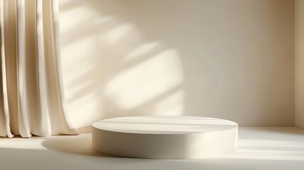 Poster - Empty Studio 3d exhibition background  pastel creamy beige stage with soft natural abstract diagonal window light and shadows Minimal architectural scene for product mock up Front view : Generative AI