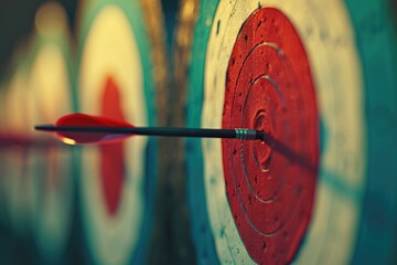 Poster - A simple target with a red and white background and an arrow pointing towards the center, useful for sports and training illustrations