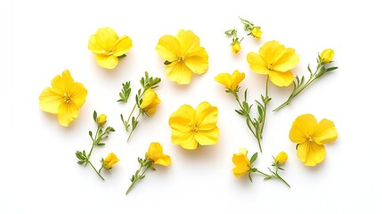 Poster - Rapeseed flowers isolated on white background Top view Flat lay : Generative AI