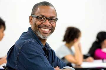 Aufkleber - A smiling man wearing a blue shirt and glasses, suitable for everyday use or as a character in a story