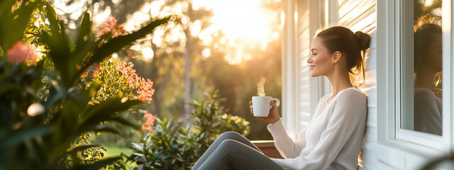 A young woman enjoys a peaceful morning on her porch, sipping a steaming cup of coffee with sunlight streaming through lush greenery.