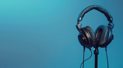 Poster - A pair of headphones resting on top of a stand, ready for use