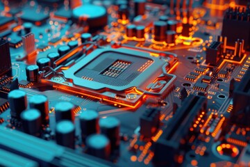 A detailed view of a computer motherboard components and circuits