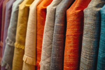 Poster - A row of colorful scarves hanging on a wall, waiting to be worn or used