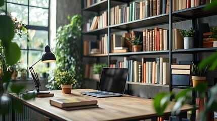 Shelf unit with books and stylish workplace in home library : Generative AI