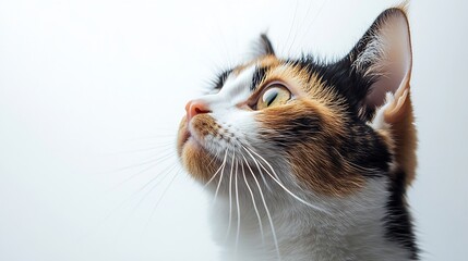 Aufkleber - Isolated calico cat looking up with intense eyes Cute curious long hair kitty cat waiting for food or watching something Female calico or torbie cat White background Selective focus : Generative AI