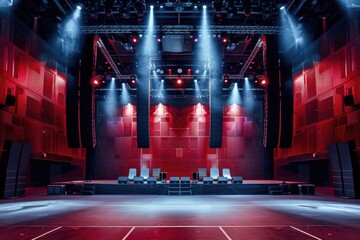 Poster - A bright empty stage with red walls and spotlights