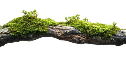 Aufkleber - Fresh green moss on wet rotten branch and stone isolated on white side view : Generative AI