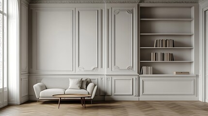 Wall Mural - Minimalist interior of study room with parquet floor and white walls furnished with settee and table with shelf rack : Generative AI