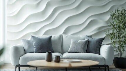 Wall Mural - Interior of modern living room with sofa table and 3D textile artwork : Generative AI