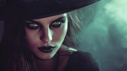 Wall Mural - Young woman with intense green eyes and dark lipstick wears a witch's hat for a halloween party, creating a spooky and mysterious atmosphere