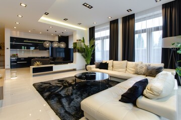 Poster - Cozy living space with a white sofa and flat-screen TV