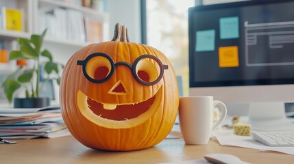 Festive halloween pumpkin with a smiling face and illuminated eyes sits on a desk in a modern office, wearing quirky glasses to add whimsy to the workspace