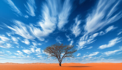 Wall Mural - dead tree in the desert, tree in drought land, dry soil ground in desert with cracked mud in arid landscape. Shortage of water, climate change, global warming concept, no people.