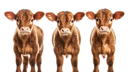 Wall Mural - collection of three brown calfs standing portrait cow bundle isolated on a white background as transparent png
