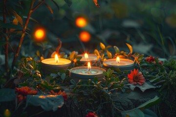 Poster - A group of candles sitting on a lush green field, perfect for outdoor or rustic themed designs