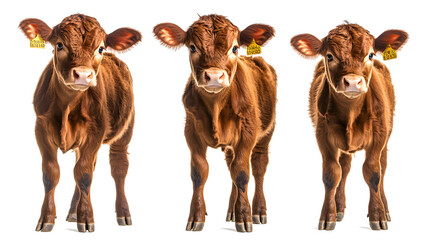 Wall Mural - collection of three brown calfs standing portrait cow bundle isolated on a white background as transparent png
