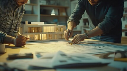 Poster - Two architects and engineers are in a meeting to discuss house designs according to building and construction standards before presenting them to clients Interior design and decoration : Generative AI