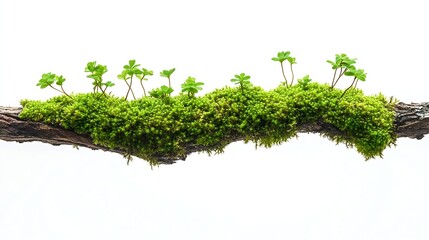 Aufkleber - Fresh green moss on rotten branch isolated on white side view : Generative AI