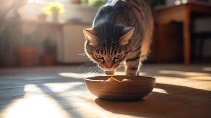 Poster - Domestic tabby cat approaches a bowl of food bright sunlight falls on the floor and on the cat High quality photo : Generative AI