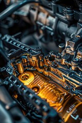 Wall Mural - Close up of a car engine with a yellow warning light, suitable for mechanics or automotive use