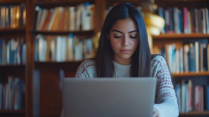 Poster - Young hispanic woman working or studying with laptop at home in a home office concept in Mexico Latin America : Generative AI