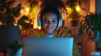 Poster - Smiling multiracial millennial female student in headphones sitting at the desk watching webinar and making notes Happy biracial young woman working or studying using computer at home : Generative AI