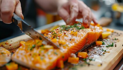 The cook cuts fresh fish meat on a board. Sliced ​​pieces of salmon fish fillet.