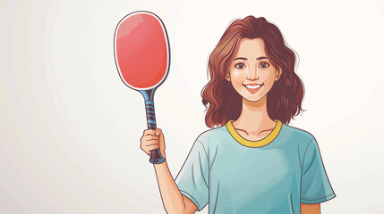 Smiling teenage girl with wavy brown hair holding a red table tennis paddle, dressed casually in a light blue t-shirt.