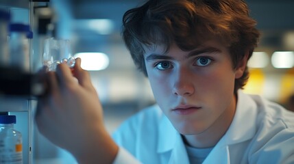 Poster - A young man in a lab coat examines a capsule with focus in a laboratory setting : Generative AI