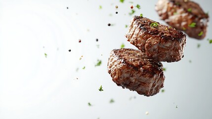 Canvas Print - Delicious Beef steaks flying on white background barbeque beef meat steaks motion barbecue concept flying fast food isolated on white abstract background : Generative AI