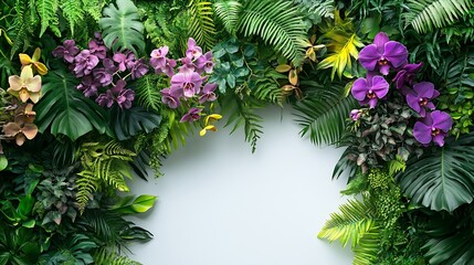 Aufkleber - Tropical plants bush with tropical rainforest tree with epiphytes creeper plants Staghorn fern Birds nest fern hanging Dischidia succulent plant and purple Vanda orchid flowers on whit : Generative AI