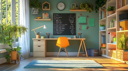Leinwandbilder - Childrens room interior at home Spacious room with study desk chair bookshelves chalkboard boxes lamp plants clock rug laminate flooring and area for playing Unisex design for boy or g : Generative AI